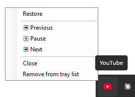 Right-click menu on the WinTaskIT tray icon for a minimized YouTube tab: Restore, Previous, Pause, Next, Close, Remove from tray list