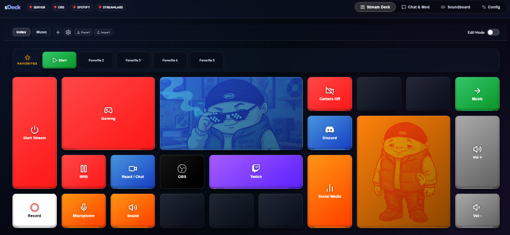 sDeck stream deck grid interface showing OBS scene buttons, soundboard, and profile switching